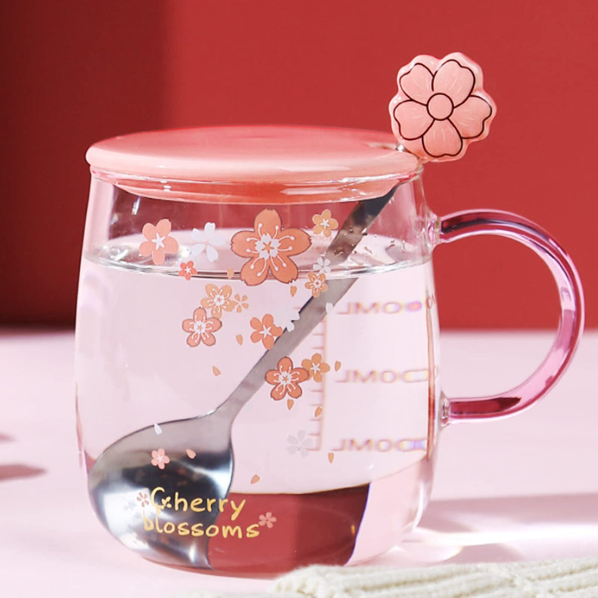 Glass Mug with Lid & Spoon - Cherry Dn