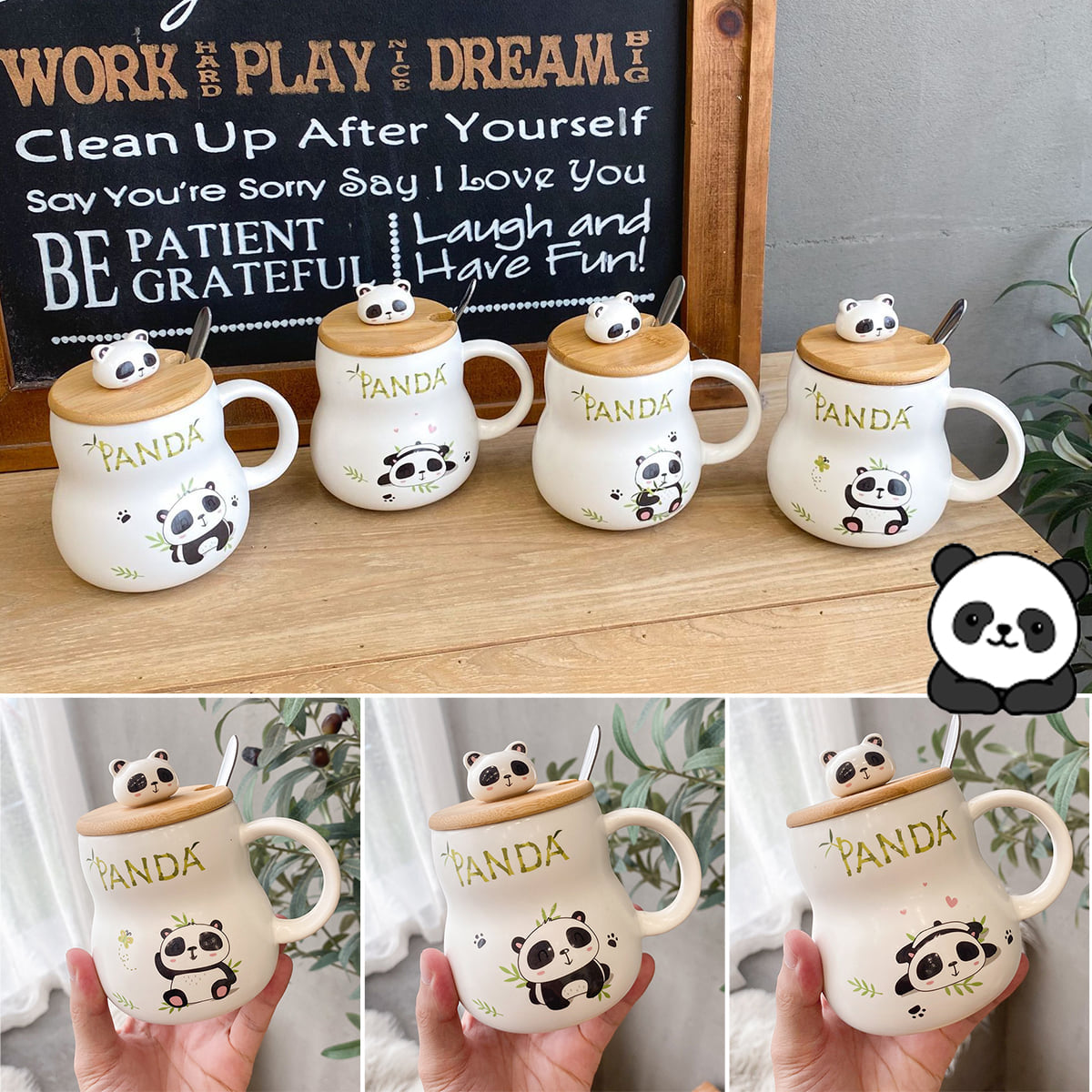 Mug - Panda With Lid & Spoon 400ml